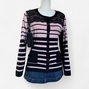 Striped Pink and Black Cardigan with Lace Detail
